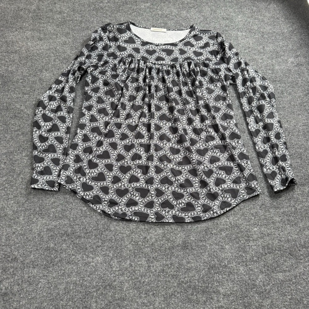 Fantaslook Women's Heart Print Long Sleeve Blouse Black White Babydoll Tunic Top